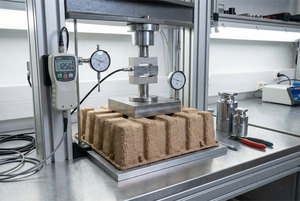 Molded pulp tray undergoing compression testing on engineering equipment