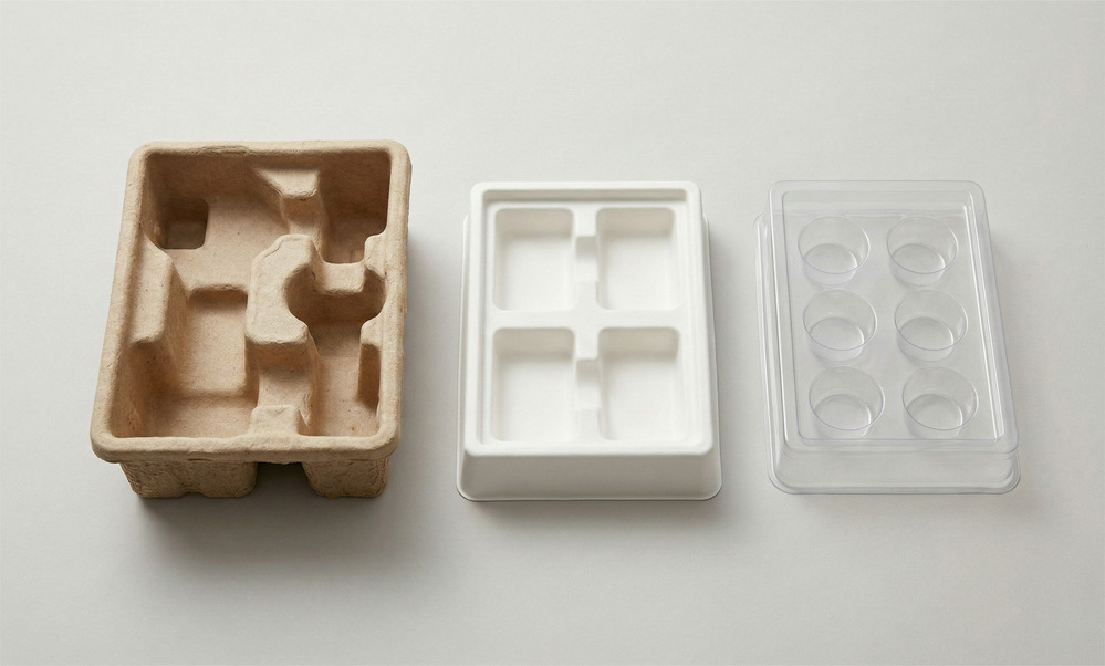 Comparison of custom molded pulp inserts vs clear plastic thermoformed tray, showing different shapes and sustainability benefits.