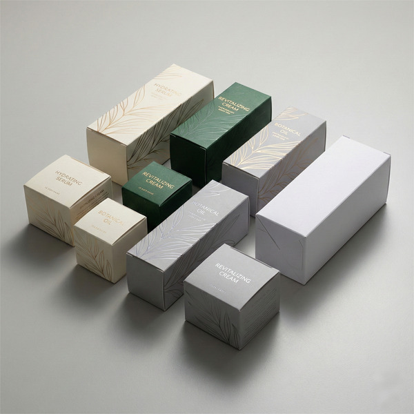 Beauty packaging samples with multiple color designs, embossed details and foil finishes for fast product launch.