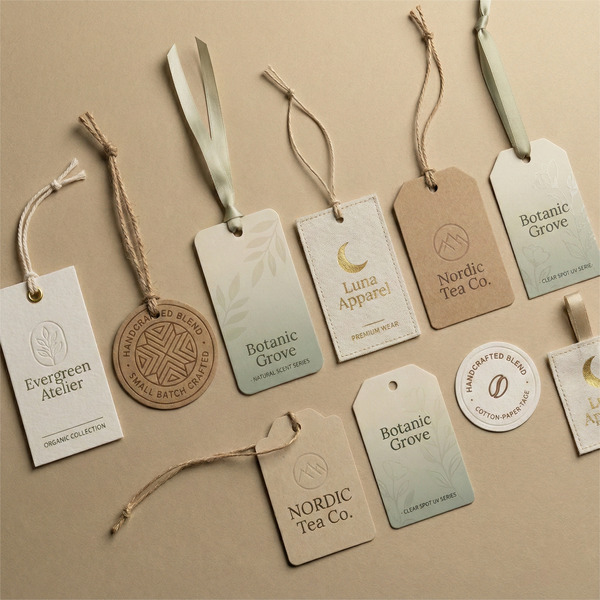 Premium custom hang tags in multiple materials and shapes with embossing, foil stamping, cotton strings, and natural retail branding displayed on a beige tabletop.