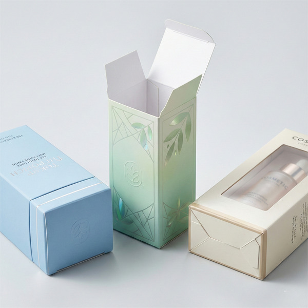 Premium folding carton packaging with CMYK printing, spot UV, and realistic tuck-top and auto-lock box structures.