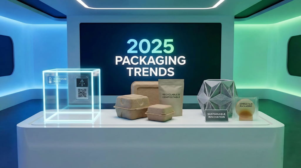 Visual representation of the top packaging trends in 2025, including smart packaging, recyclable materials, and innovation.