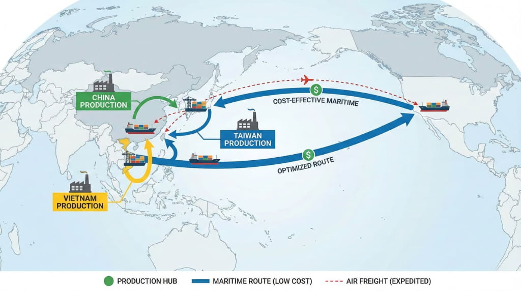 Global supply chain network showing production in China, Taiwan, and Vietnam with cost-effective routes.
