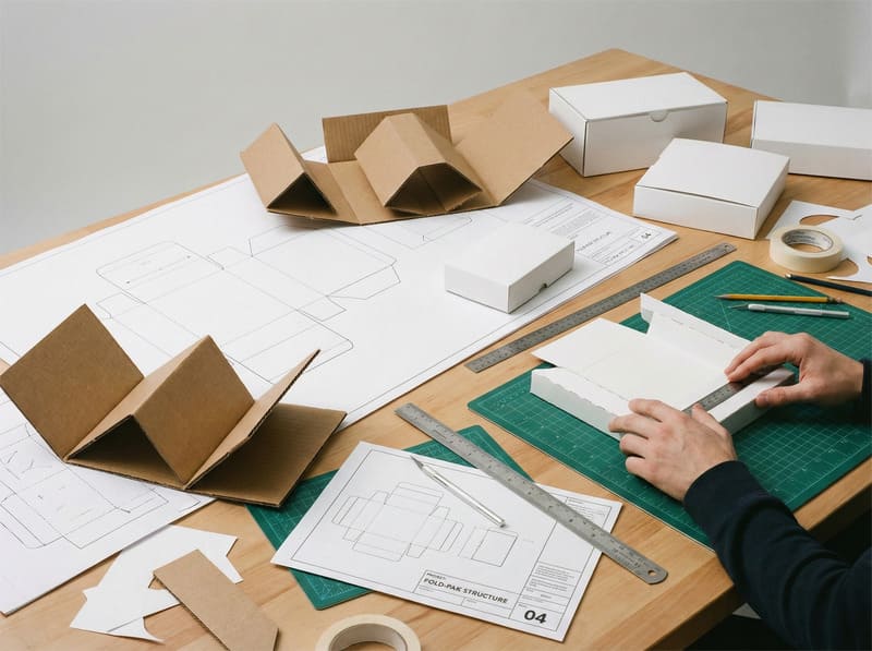 Structural design workspace showing dielines, prototypes, and packaging engineers developing custom box structures.