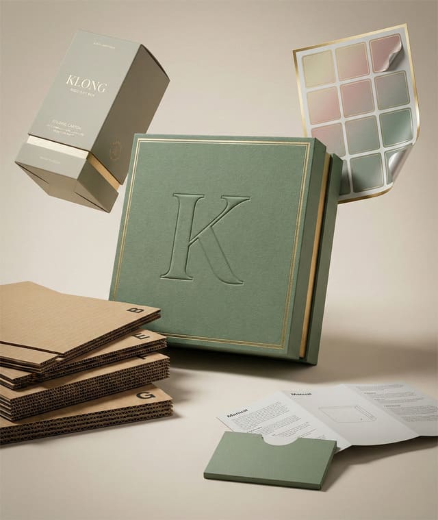 Premium product collage featuring rigid gift box with embossing and gold foil, folding carton, corrugated mailer sheets, custom stickers, and printed brand collateral from Klong Packaging.