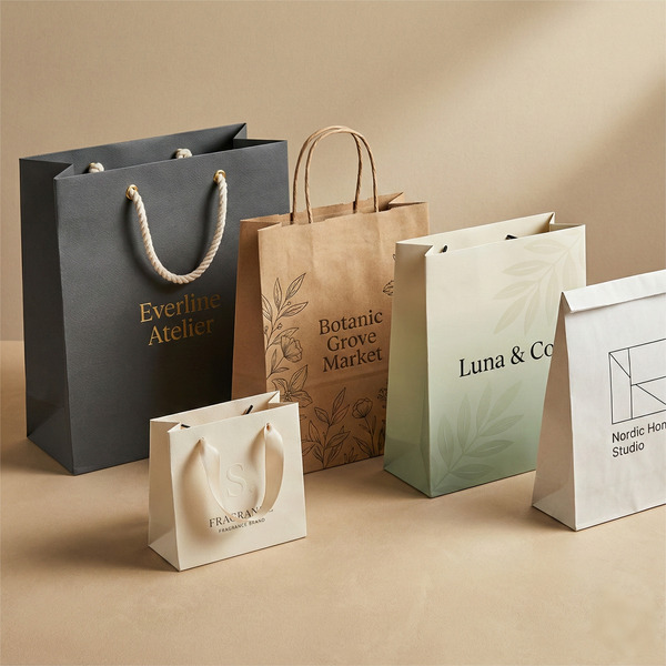 Premium custom paper bags in multiple materials and structures with rope handles, kraft printing, foil stamping, and spot UV finishes for retail packaging.