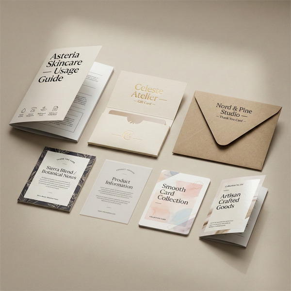High-end printed collateral including booklets, gift card holders, envelopes, and brand cards with foil stamping, embossing, and premium paper textures.