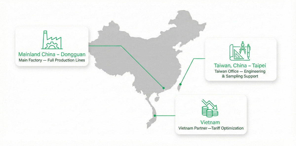 Regional packaging production strategy map showing Klong Packaging's Mainland China factory, Taiwan office, and Vietnam partner locations.