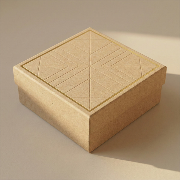 Premium rigid gift box with natural kraft texture, debossed details, and gold foil border
