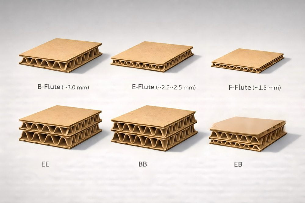 Corrugated board flute types including B flute, E flute, F flute, and double wall combinations