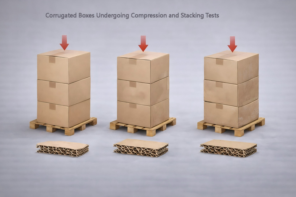 Corrugated box compression test showing stacking load and vertical strength
