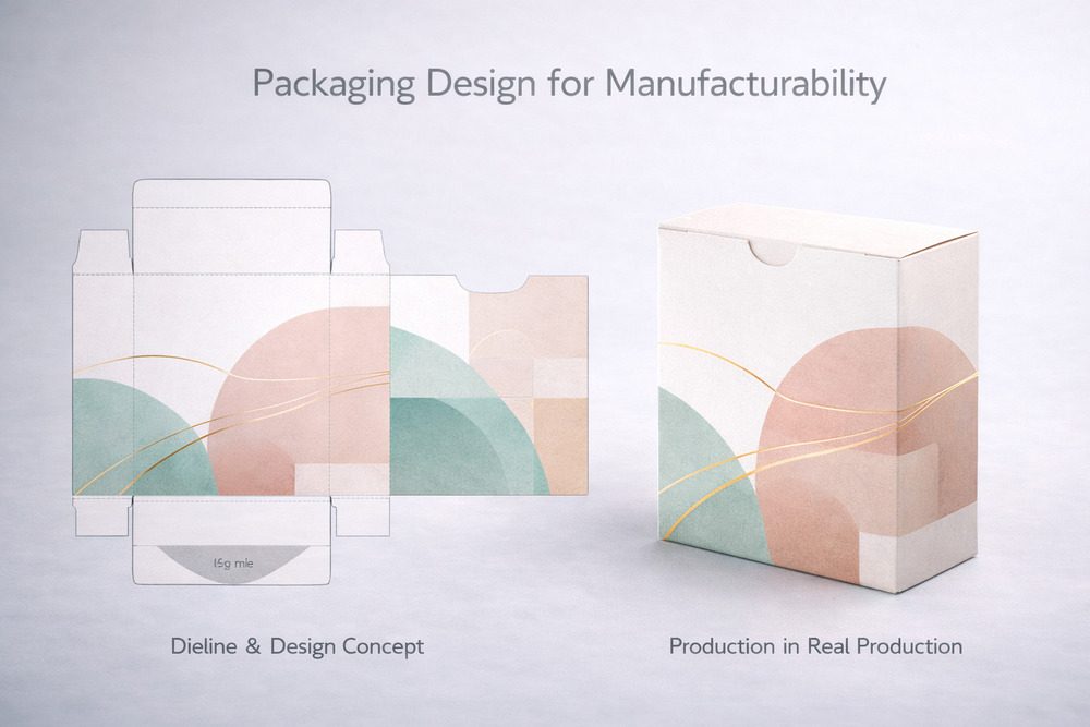 Packaging design for manufacturability showing transition from design concept to real production structure