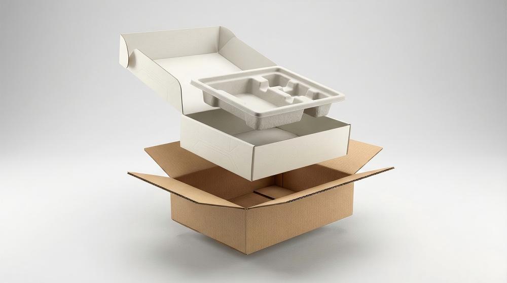 Exploded view of hybrid packaging structure combining folding carton, paper insert, and corrugated outer box