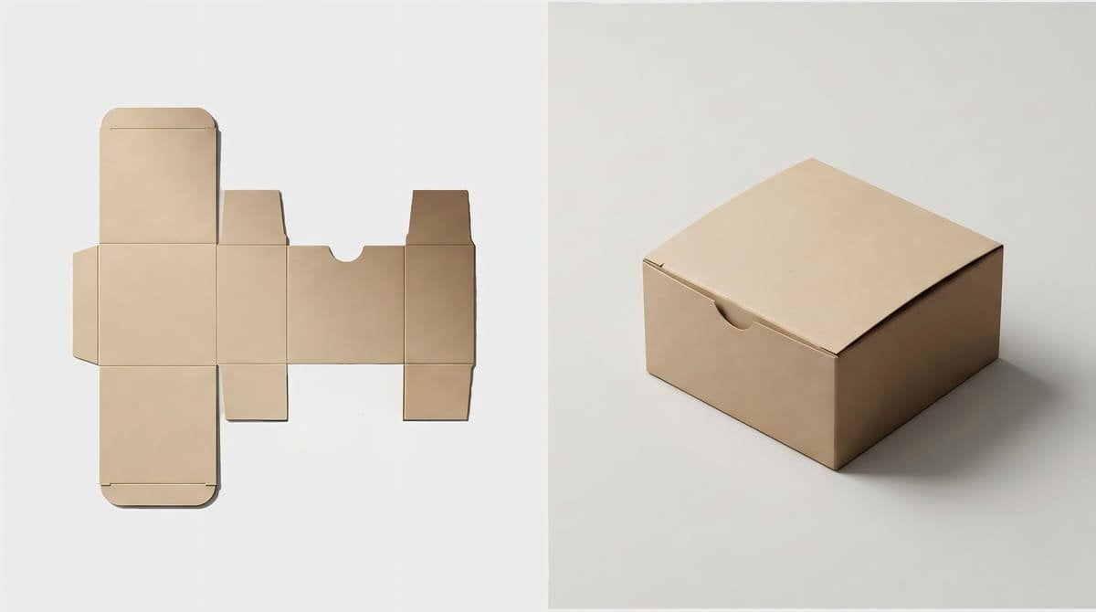 Packaging design guide showing paper-based box structure from die-cut to finished form.