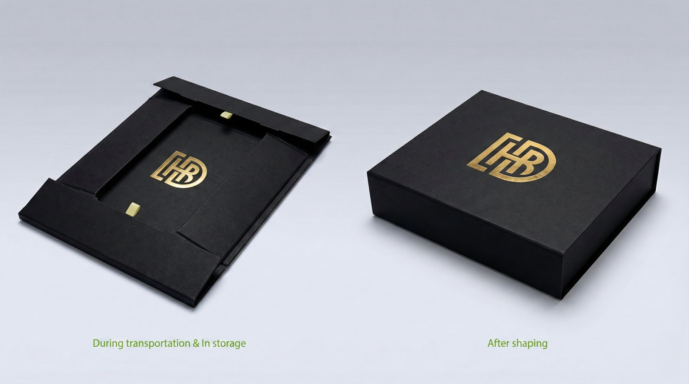 Comparison of pre-assembled rigid box and collapsible rigid gift box made with grey board