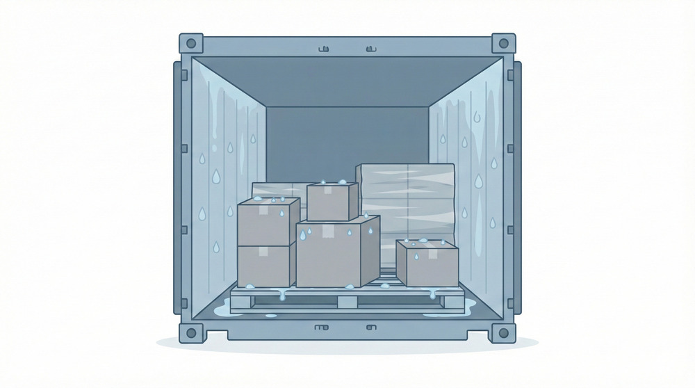 Illustration showing prolonged high-humidity conditions inside a shipping container associated with cargo sweat and condensation