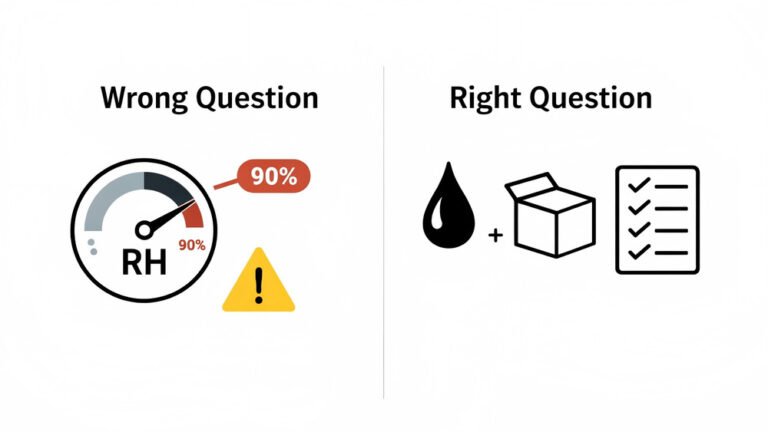 Illustration showing wrong vs right questions when choosing high-humidity testing for printed packaging