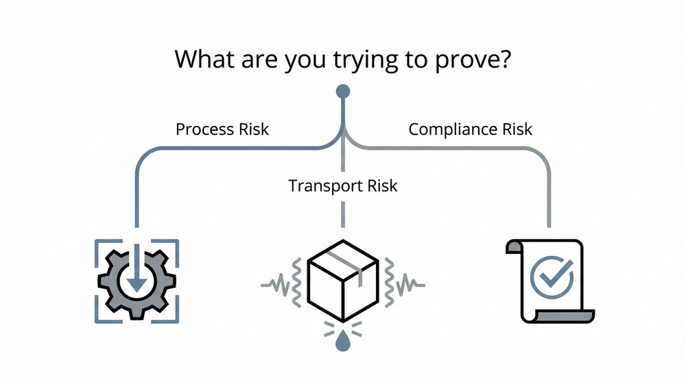 Diagram showing how packaging tests should be chosen based on process, transport, or compliance risk