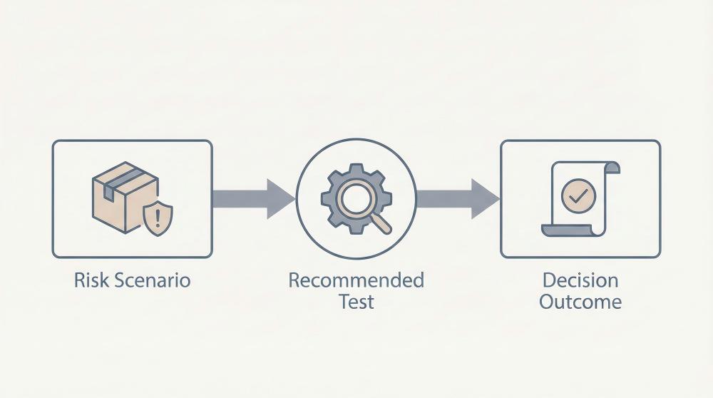 Decision matrix illustrating how different packaging risk scenarios map to the most appropriate testing method