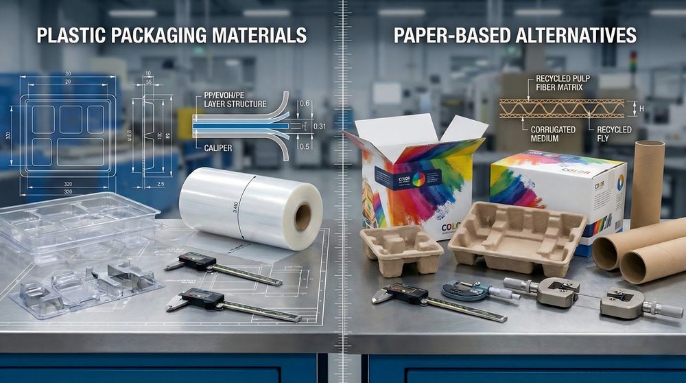 Engineering comparison between plastic packaging and paper-based alternatives used in plastic-free packaging transitions for 2026.