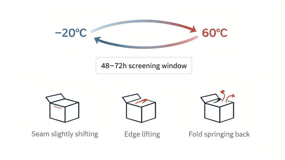 Illustration showing temperature cycling from -20°C to 60°C revealing packaging failures within a 48 to 72 hour screening window