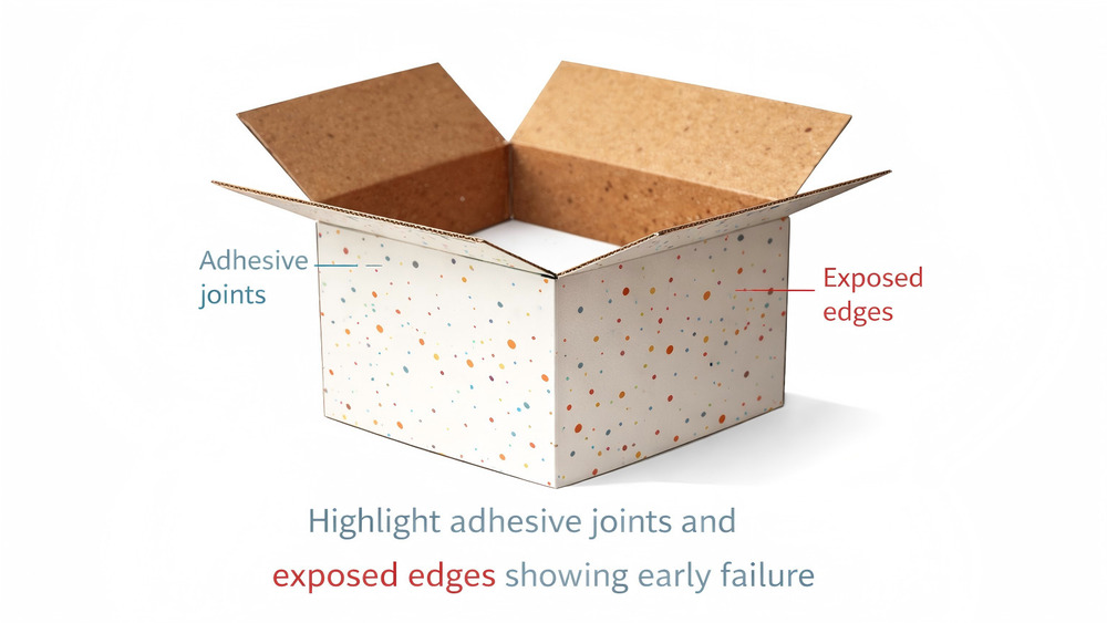 Illustration showing unboxed packaging with exposed adhesive joints and edges where failures appear earlier