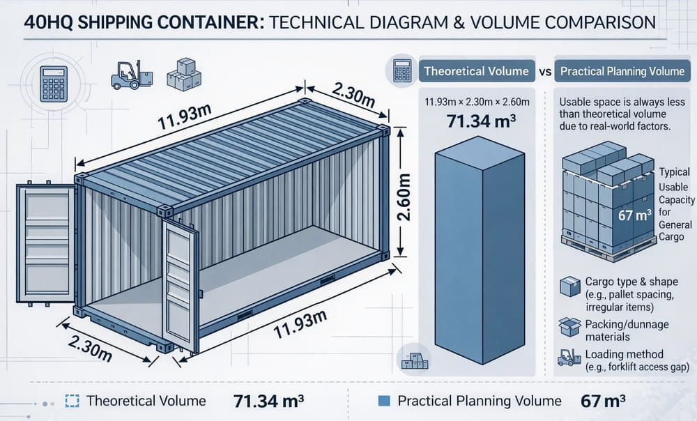 40HQ shipping container internal dimensions and usable cargo volume diagram