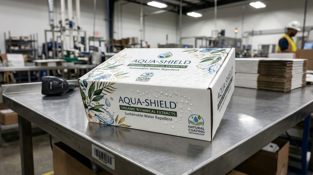 Printed paperboard box with water droplets showing surface resistance