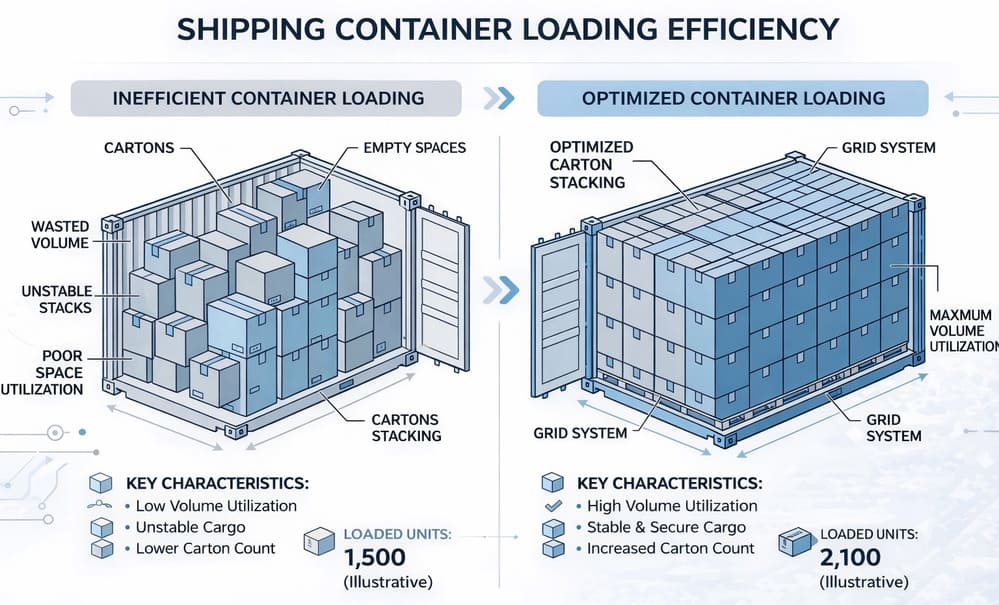 Container loading efficiency comparison showing optimized carton packing density