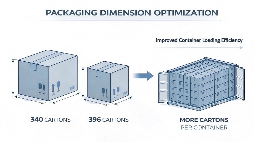 Corrugated box dimension optimization improving container loading efficiency