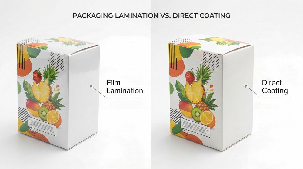 Comparison between film lamination and direct coating on printed paper packaging