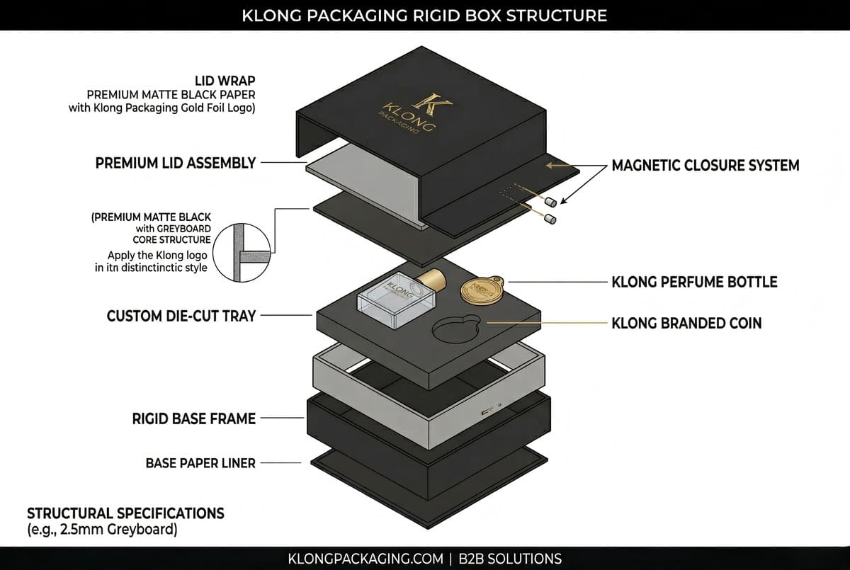 magnetic rigid box structure diagram showing greyboard magnet lid and paper wrap
