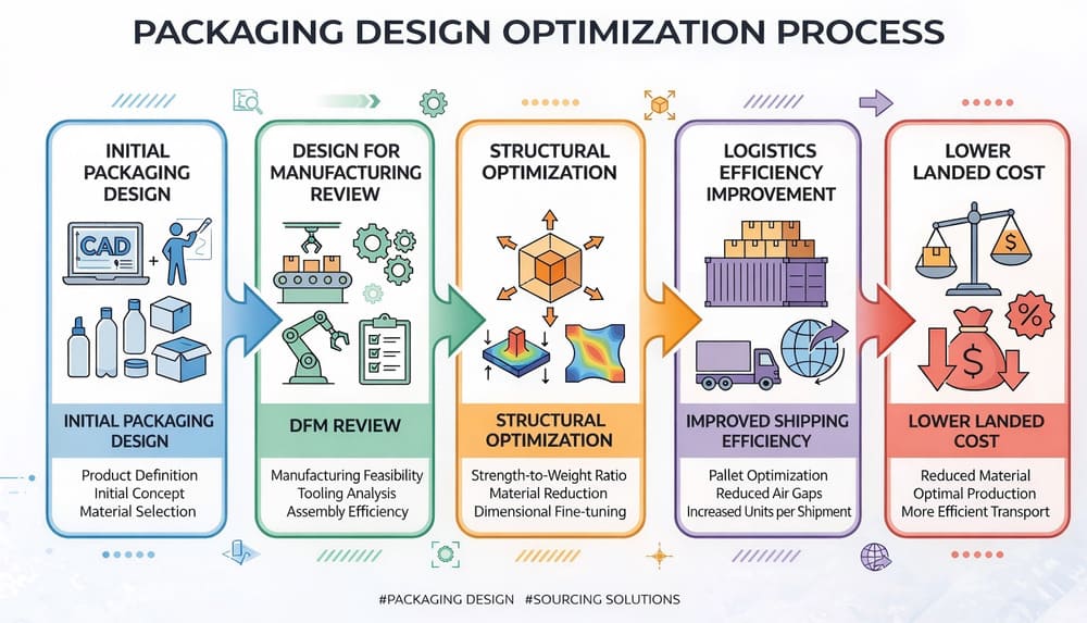 diagram showing how packaging design optimization improves logistics efficiency and reduces landed cost