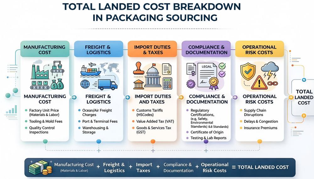 diagram showing total landed cost breakdown in packaging sourcing including manufacturing freight duties logistics and operational risk