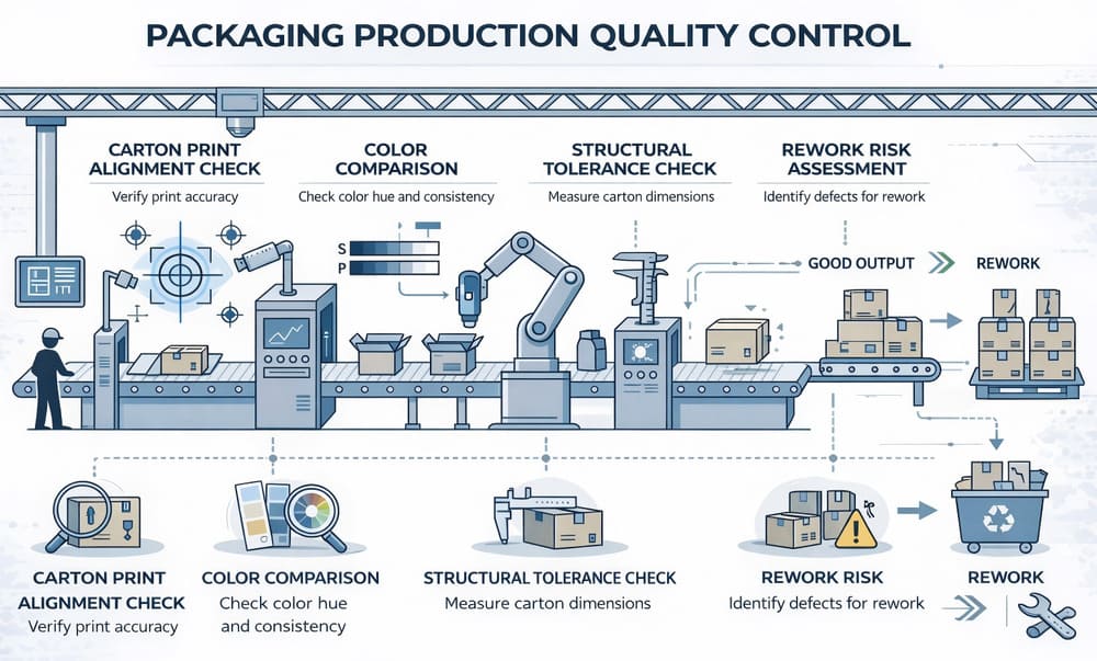 Packaging production quality control showing print alignment and variation checks