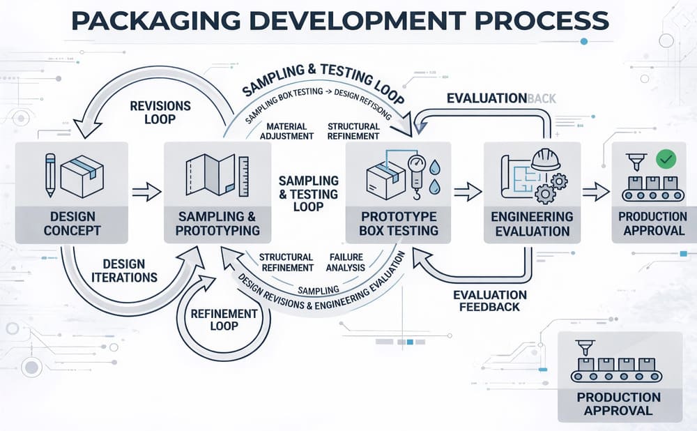 Packaging sampling and testing process showing multiple prototype iterations