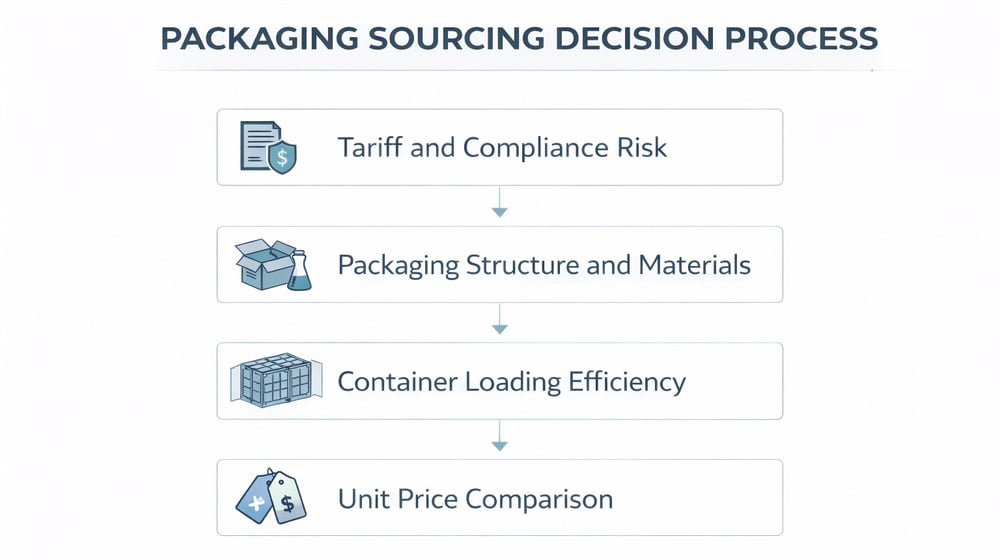Packaging sourcing decision order showing tariff risk, packaging structure, container loading efficiency, and unit price comparison