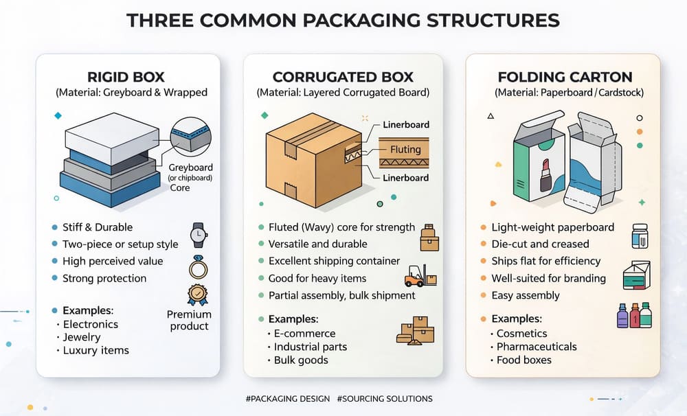 diagram showing rigid box, corrugated box, and folding carton packaging structures