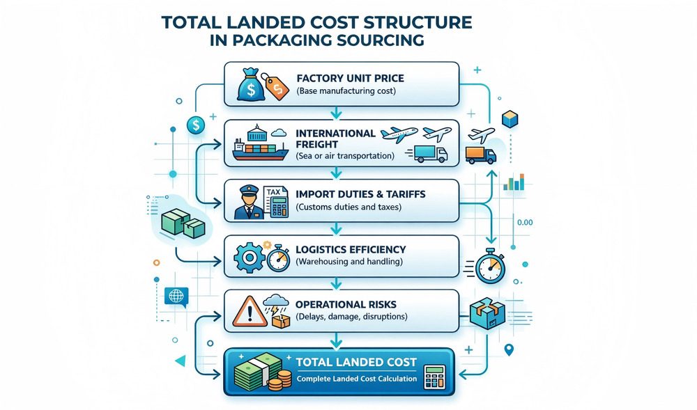 total landed cost in packaging sourcing showing freight duties logistics and operational risks