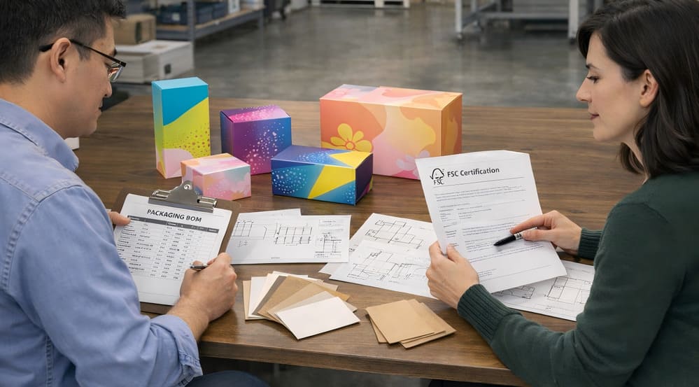 Packaging engineers reviewing carton BOM and material documents