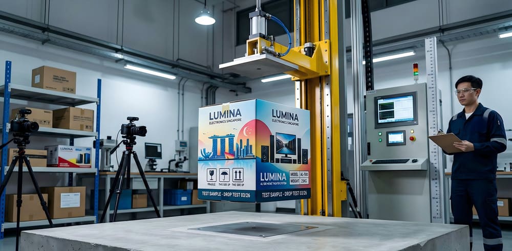 Corrugated carton undergoing drop validation test