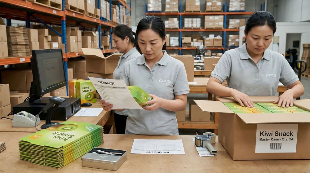 Workers preparing printed packaging cartons for export shipment