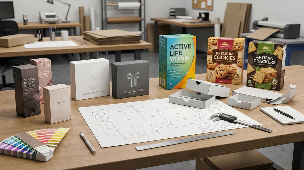 Multi-industry printed paperboard packaging prototypes during development