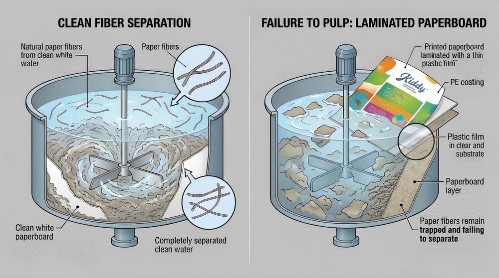 Illustration of fiber separation in paper repulping versus film-coated board
