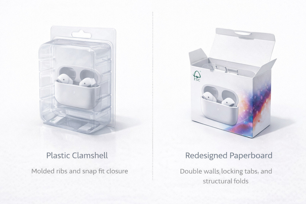 Comparison between plastic clamshell and redesigned paperboard structure