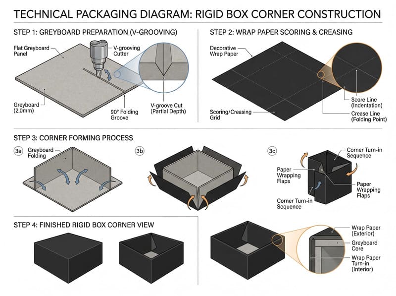 V-grooving and scoring for magnetic rigid box corner forming