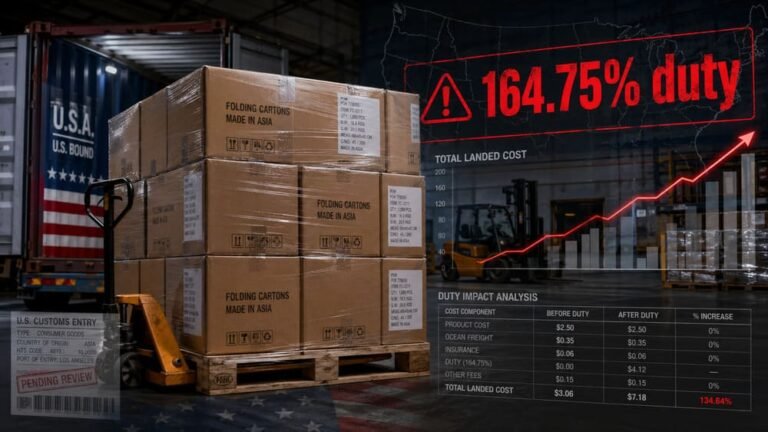 anti-dumping duty folding cartons USA import risk 164.75 percent packaging tariff