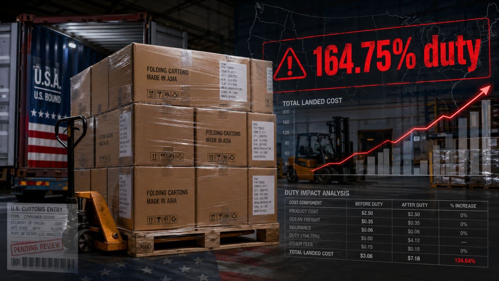 anti-dumping duty folding cartons USA import risk 164.75 percent packaging tariff