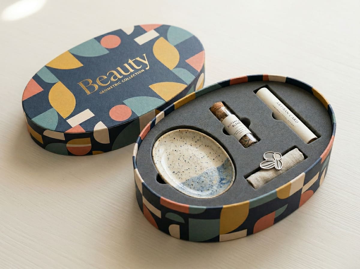 custom oval rigid gift box with fitted insert and structural detail