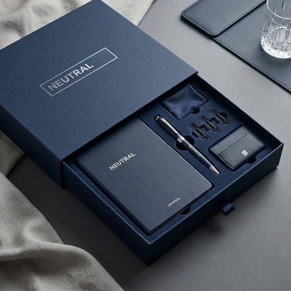 drawer rigid box corporate gift packaging with neutral company branding